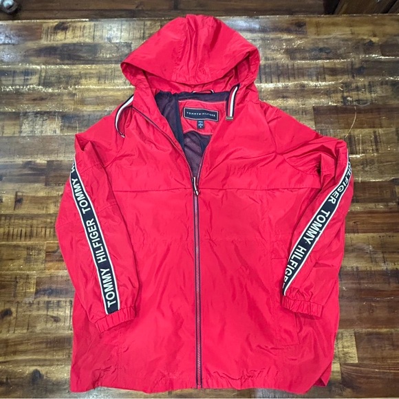 Tommy Hilfiger Other - Tommy Hilfiger Red Hooded Windbreaker with Branded Spellout Sleeve Tape